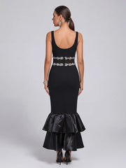 Black Square Neck Pearl Embellished Midi Dress