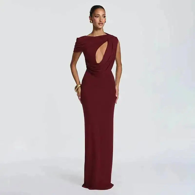 Burgundy one-shoulder cutout maxi dress studio shot