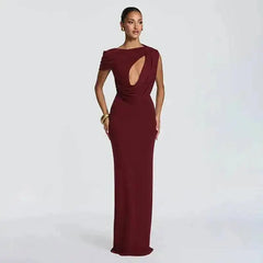 Burgundy one-shoulder cutout maxi dress studio shot