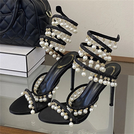 Black crystal pearl ankle strap stiletto heels
