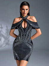 Beaded halter neck mini dress with cutout detail