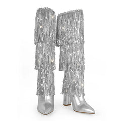 Pointed Toe Fringe Knee Boots