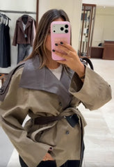 Faux Leather Patchwork Collar Belt Waist Cinched Jacket