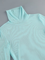 Turtleneck Ruffle-Cuff Mesh Patchwork Midi Dress