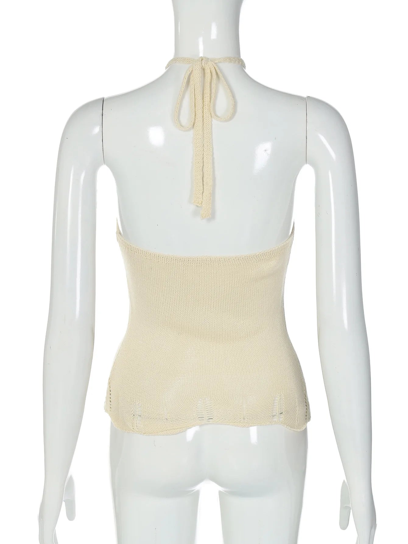 Beige halter top on a mannequin against a white background