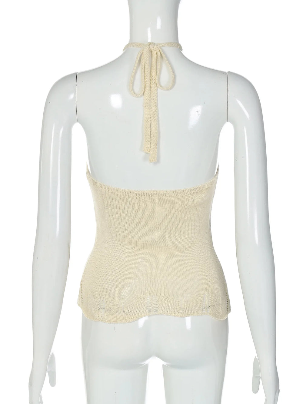 Beige halter top on a mannequin against a white background