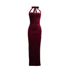 Burgundy halter neck dress on a white background