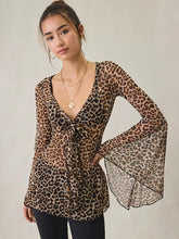 Leopard print tie neck mesh top