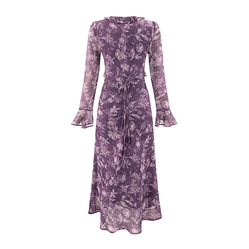 Ruffled floral chiffon maxi dress back view