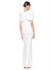 Draped O-Neck Metal Pin Ruched Waist Maxi Dress