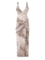 Ruffle Zebra Print V-Neck Maxi Dress front view