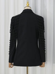 Pearl Beaded Tassel Shoulder Double Breasted Blazer