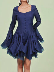 Blue mini dress with square neck and butterfly sleeves