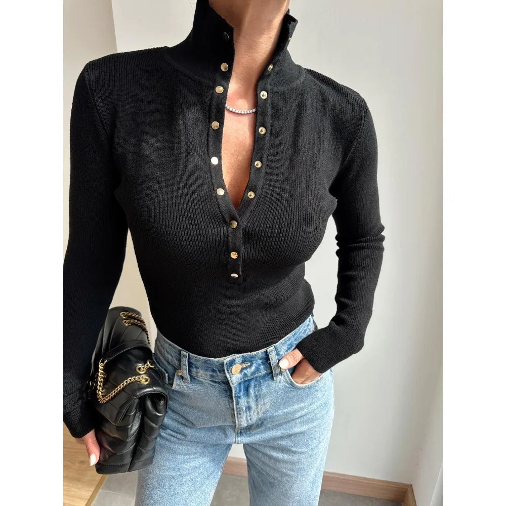 Slim long-sleeve knit top in heavy ribbed fabric