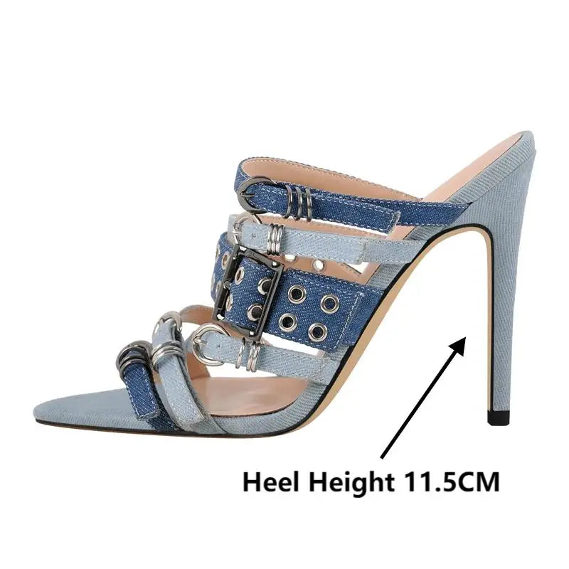 Denim stiletto heel sandals with buckle closure, heel height 11.5cm