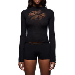 Black long-sleeve top and shorts set with a decorative pattern