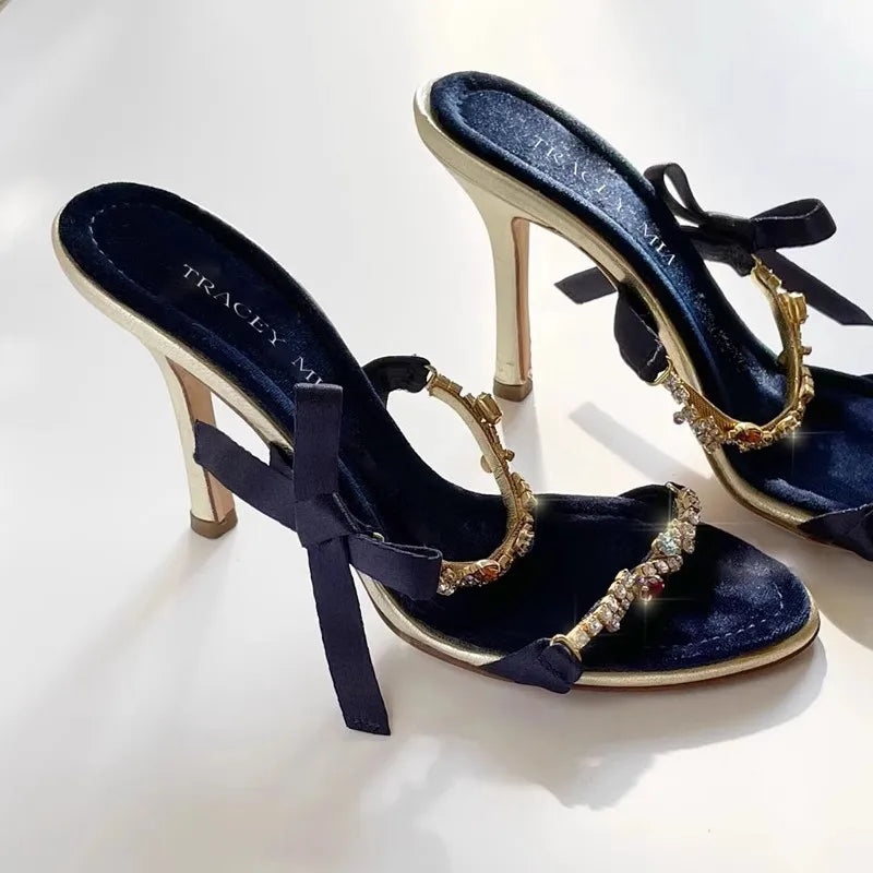 Rhinestone Bow Thin High Heels Women's Sandals
