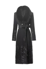 Fur collar sequin spliced wool blend coat front view