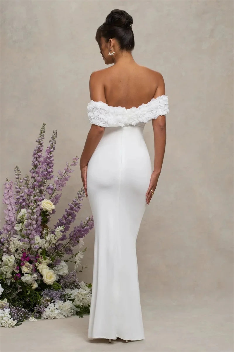 White off shoulder floral applique long dress back view