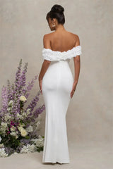 White off shoulder floral applique long dress back view