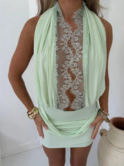 Green Lace Halter Ruched Bodycon Mini Dress