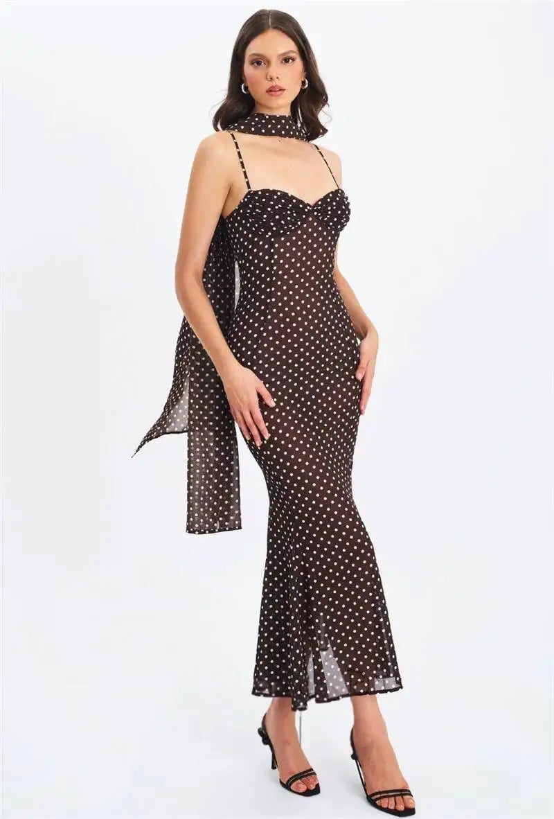 Back view of polka dot maxi dress with sweetheart neckline
