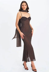 Back view of polka dot maxi dress with sweetheart neckline