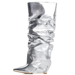 Camouflage Pleated Wedge Knee High Boots