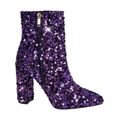 Side view of purple sequined pointed toe block heel boots with zipper