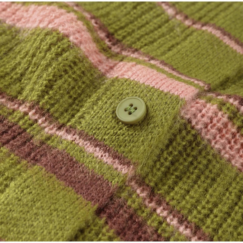 Close-up of a green knitted fabric with a button, featuring a checkered pattern.