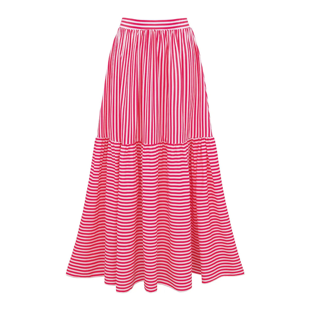 Red and white striped tiered maxi skirt with elastic waistband