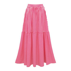 Red and white striped tiered maxi skirt with elastic waistband