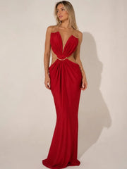 Halter neck draped maxi dress with chain straps