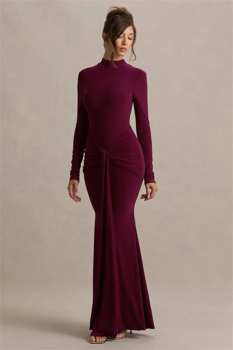 Burgundy Turtleneck Ruched Maxi Dress Side Profile