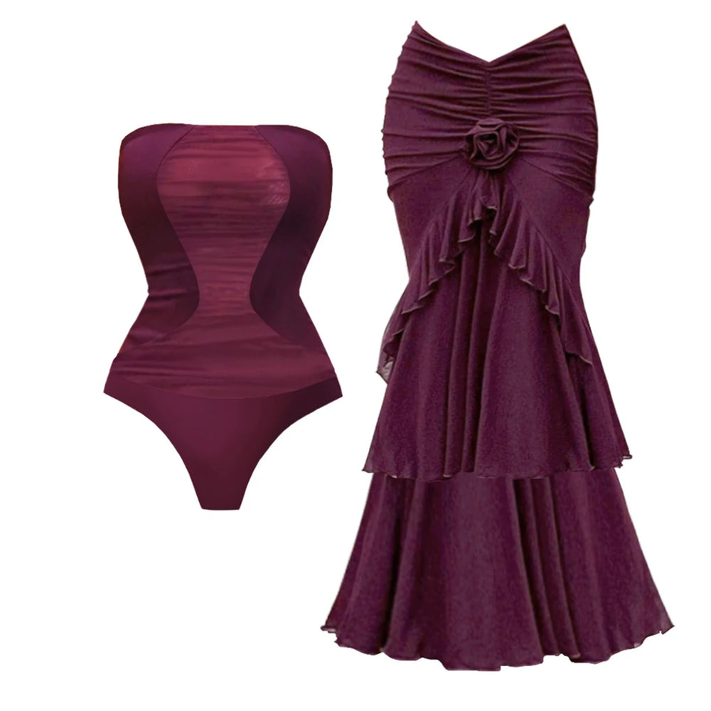 Plum colored swimsuit and tiered ruffle skirt