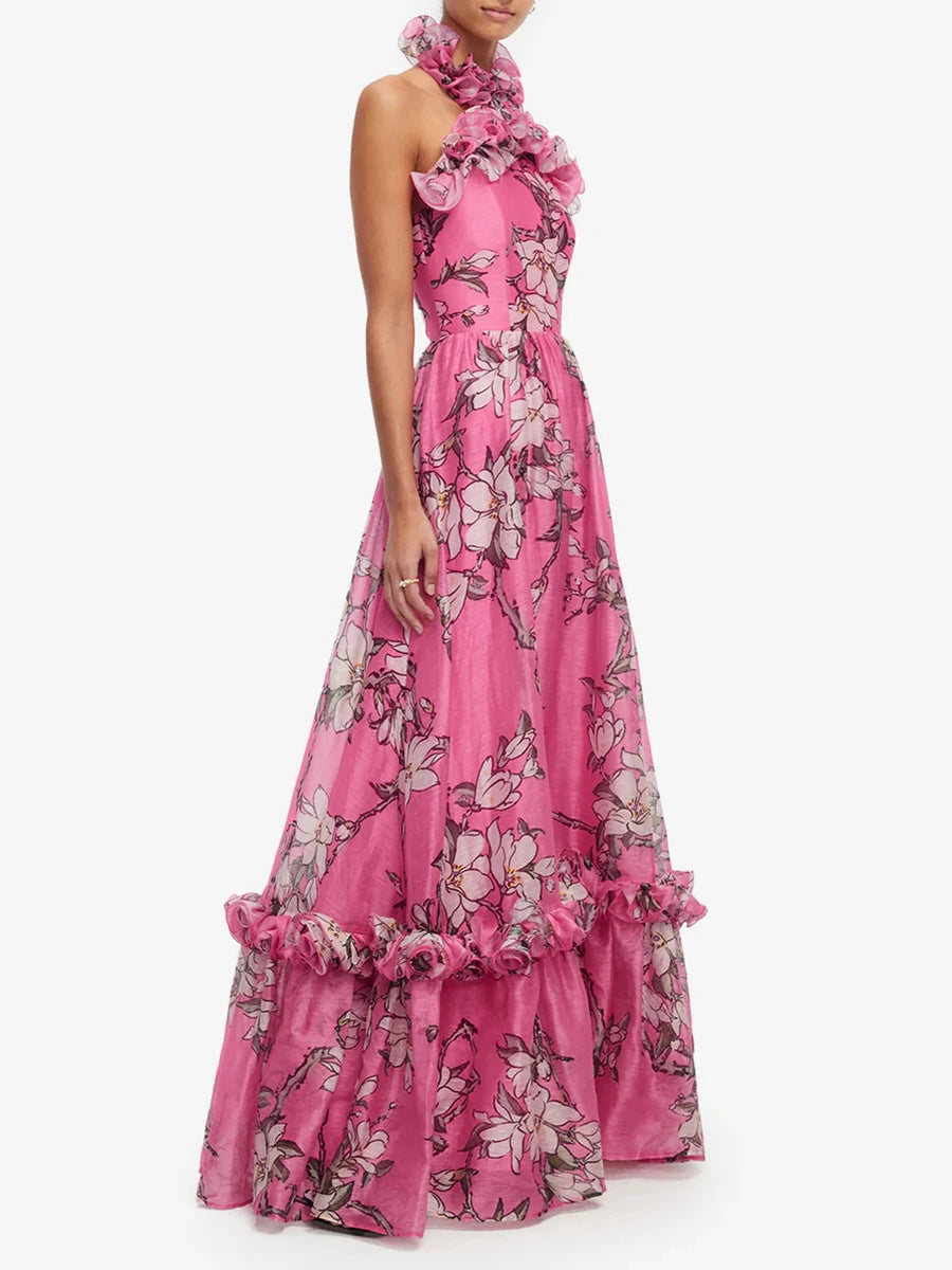 Side view of floral print halter maxi dress