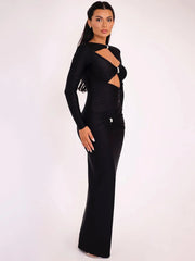 Black evening gown with cut-out design on a white background