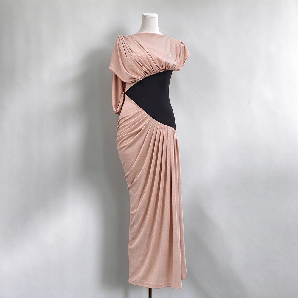 Draped colorblock maxi dress on mannequin