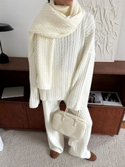 Cabel Knit Turtleneck Long Sleeve Top And High Waist Trousers Set