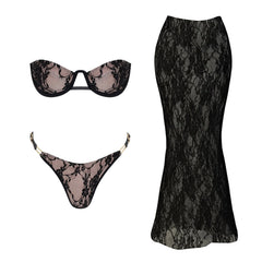 Black lace bikini top and matching thong with a black lace maxi skirt.
