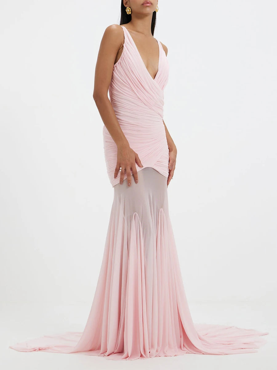 Ruched V-neck sleeveless maxi dress with sheer skirt detail in pink