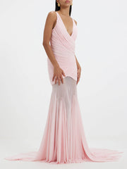 Ruched V-neck sleeveless maxi dress with sheer skirt detail in pink