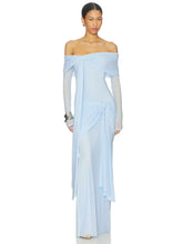 Off shoulder draped mesh long sleeve maxi dress
