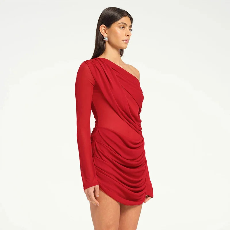Red one-shoulder dress worn by a model