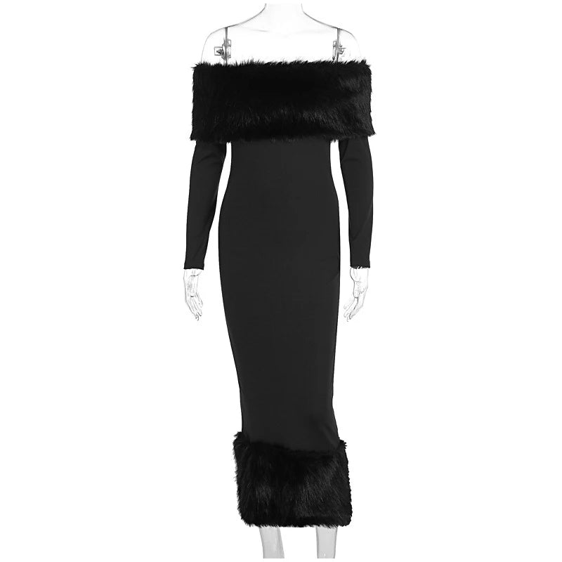 Black off-shoulder dress with fur trim on a white background