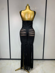 Back view of a black sleeveless square neck bandage midi dress