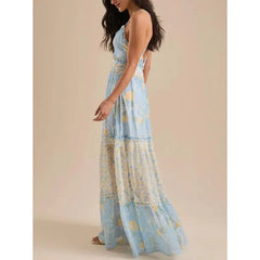 Side view of tiered maxi dress with ruffle trim