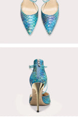Blue Crystal Ankle-Strap Heels | Gold Stiletto Party Sandals