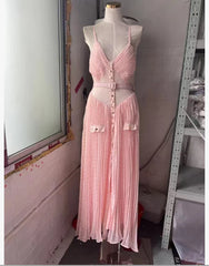 Pleated Sheer Cut-Out Buttoned Maxi Dress