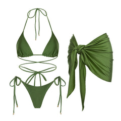 Green two-piece bikini set with tie closures and a matching wrap skirt.